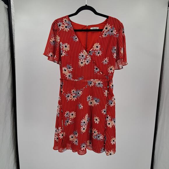 Madewell Mini Dress 6 Button Wrap Tie Floral Flutter Sleeve‎ Daisy Society Red - Picture 7 of 11